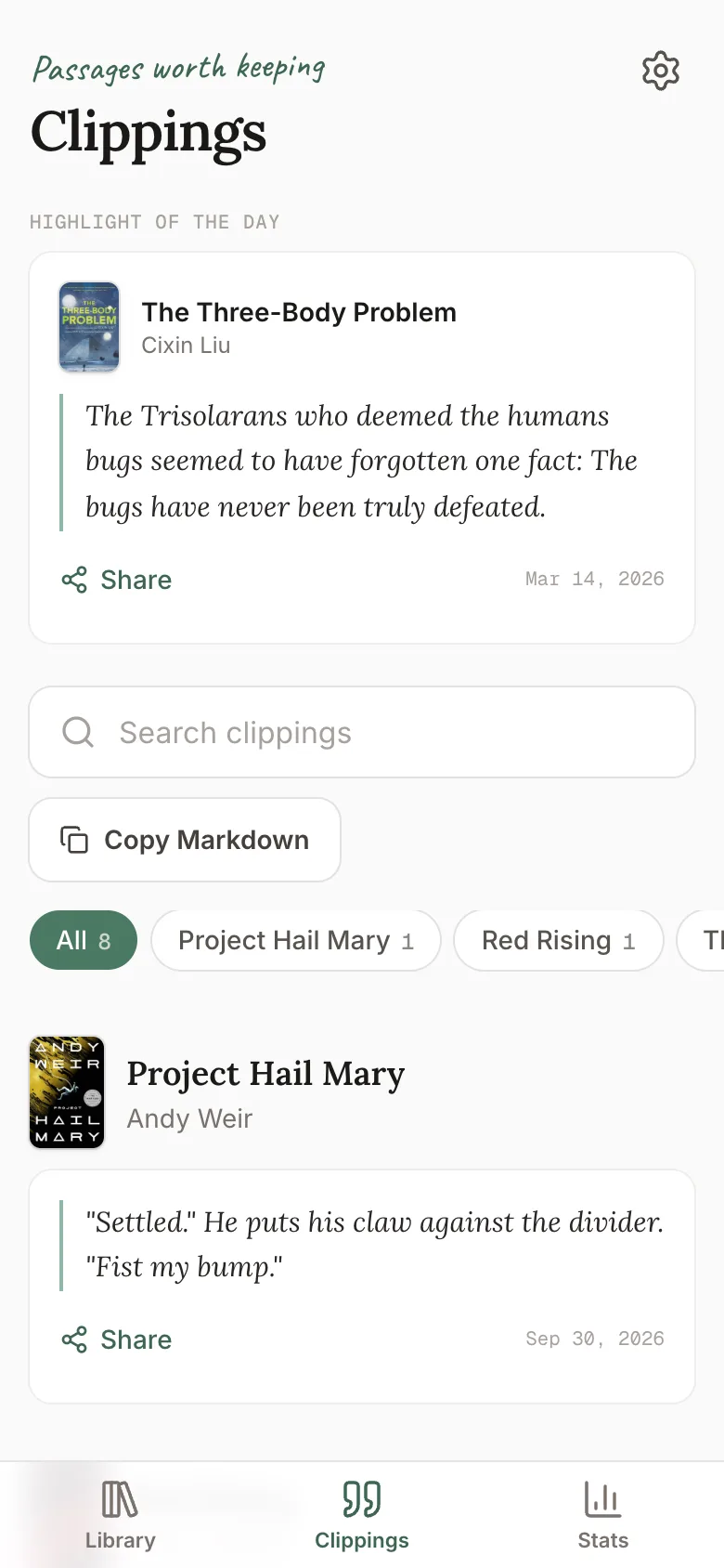 Clippings in the app